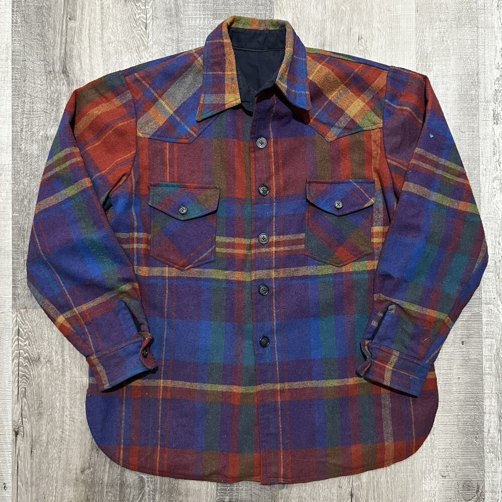 VTG 80s Multicolor Plaid Flannel Shirt Two Pocket Wool Outdoor Button Shirt Sz L